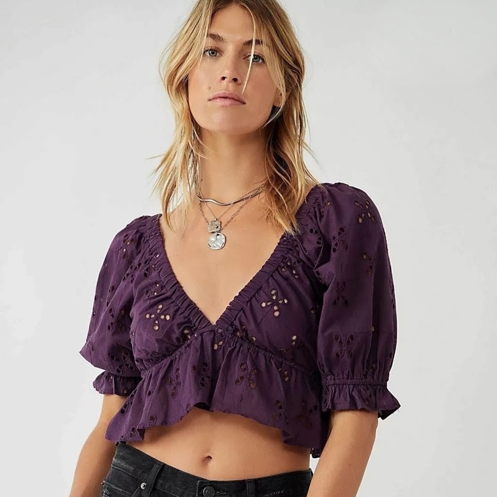 NEW Free People Gardenia Eyelet Cropped Ruffled Sleeve Top In Purple - L